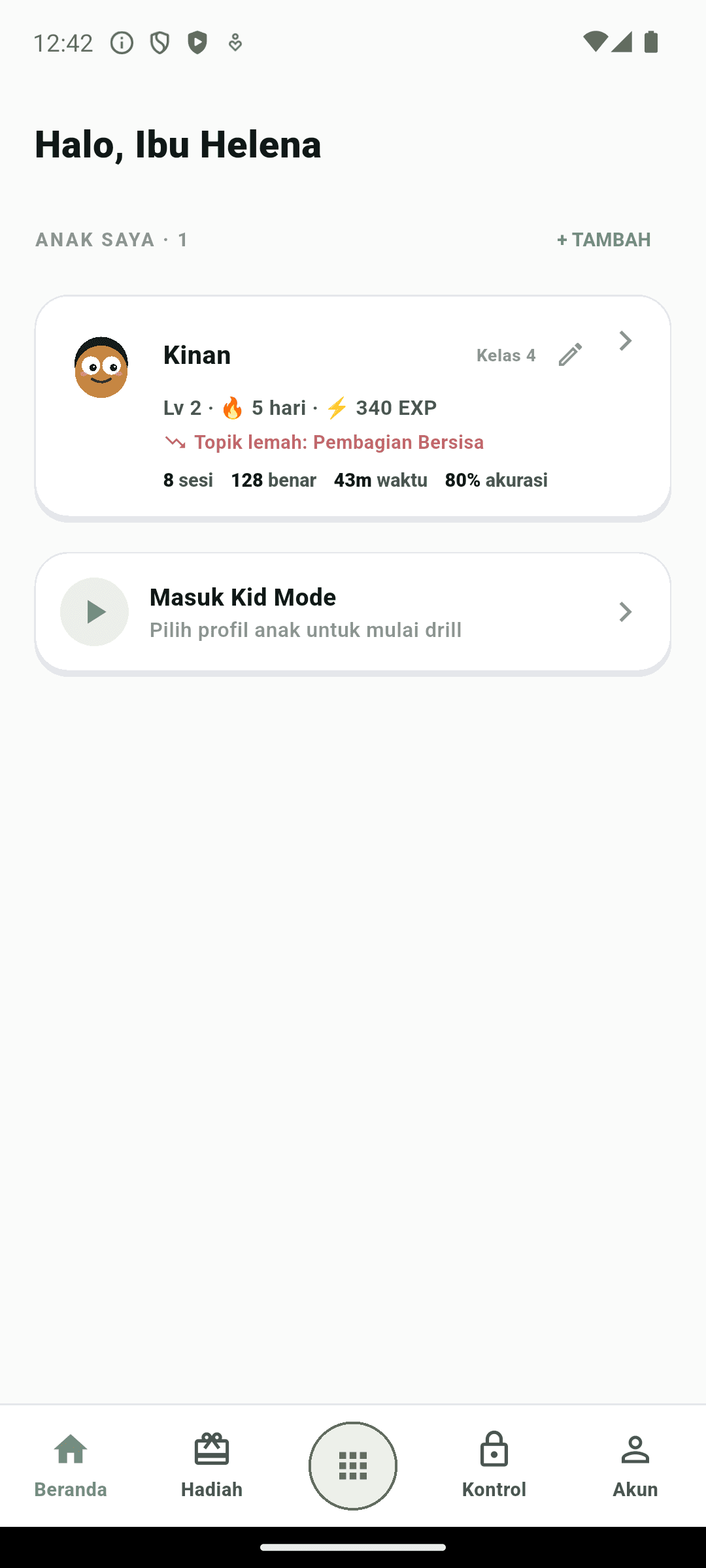 Layar dashboard orang tua Kepokids