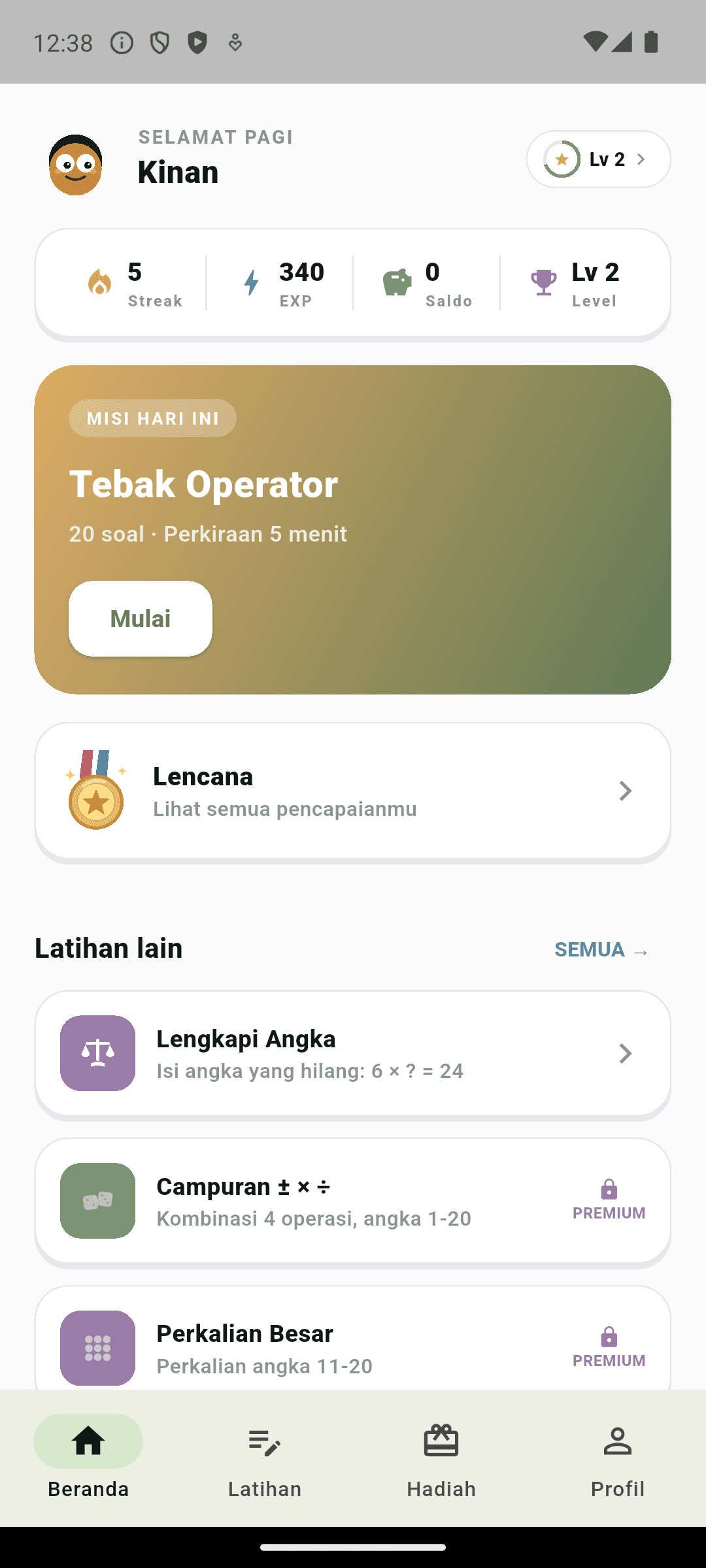Beranda anak: drill, streak & EXP