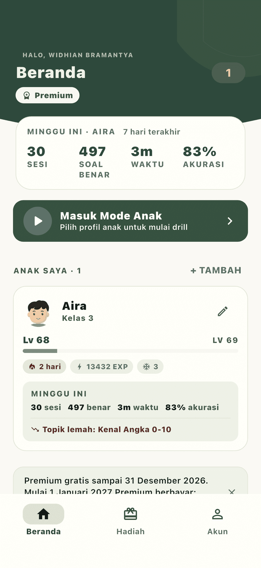 Dashboard orang tua: progres per anak