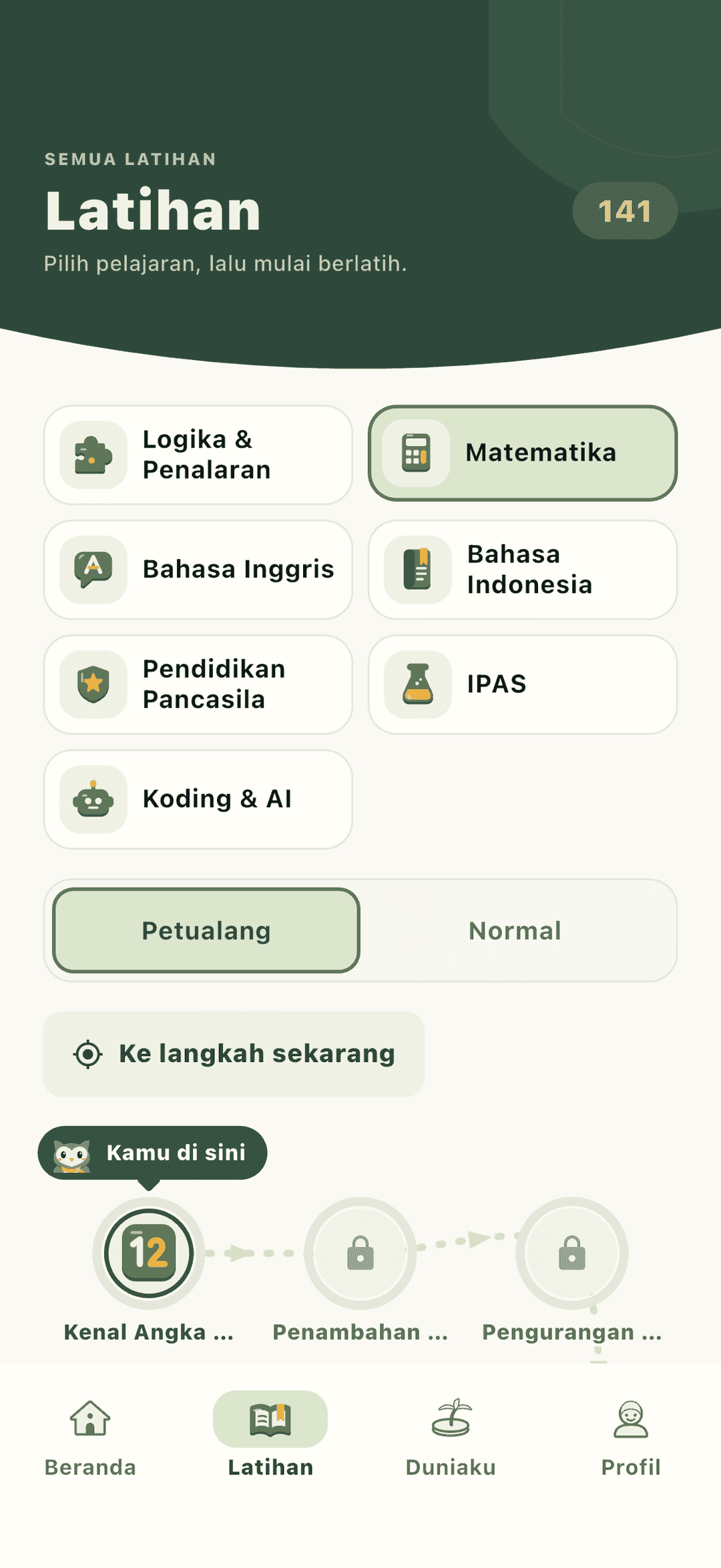 Latihan: pilih pelajaran dan mulai