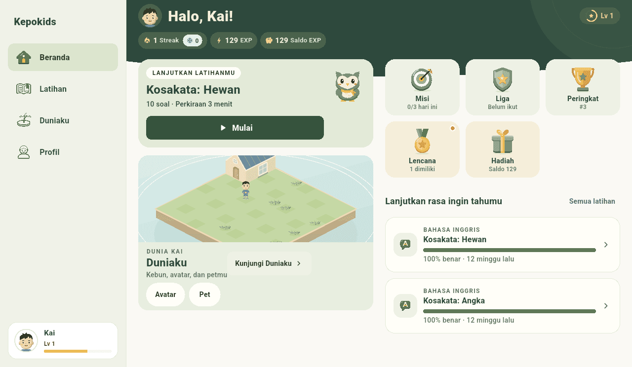 Beranda anak di tablet, dengan menu samping