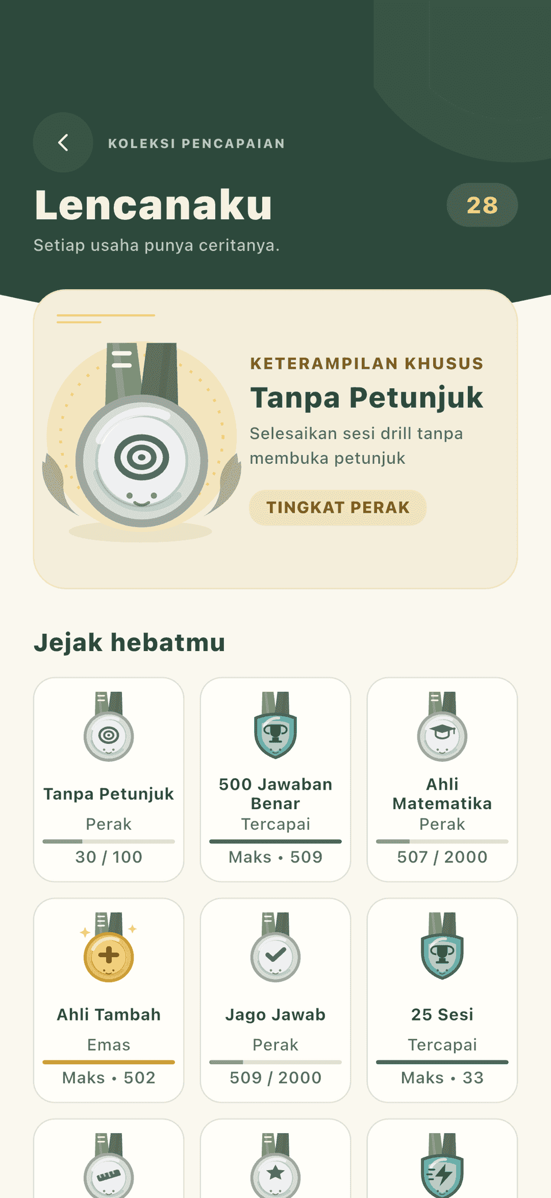 Layar lencana Kepokids menampilkan grid pencapaian bertingkat